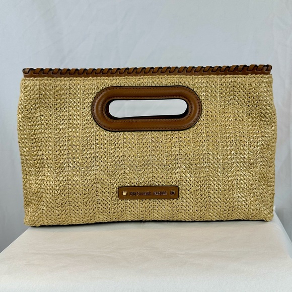 NWT Michael Kors Rosalie Clutch, Straw & Walnut Leather - Picture 2 of 6